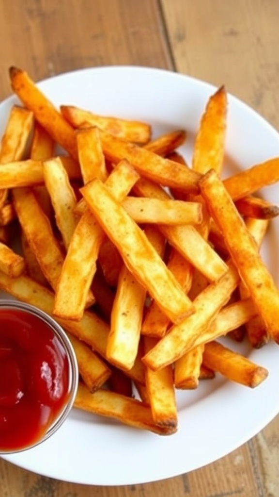 Crispy golden French fries served with ketchup on a rustic wooden table.